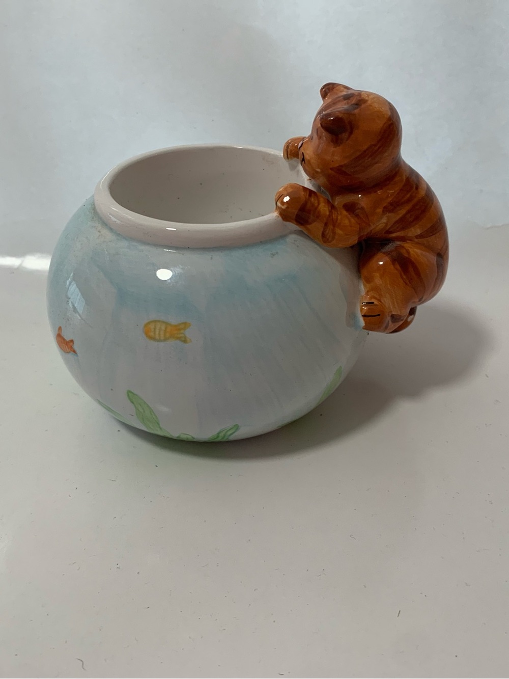 Vintage Cat Kitten Fish Bowl Tea Light Holder Figurine porcelain hand painted